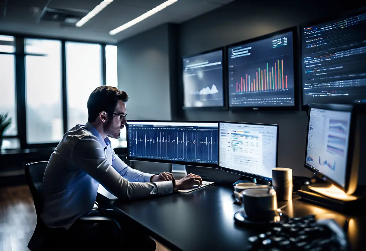 An SEO specialist analyzing website performance metrics on a computer screen in a professional office.