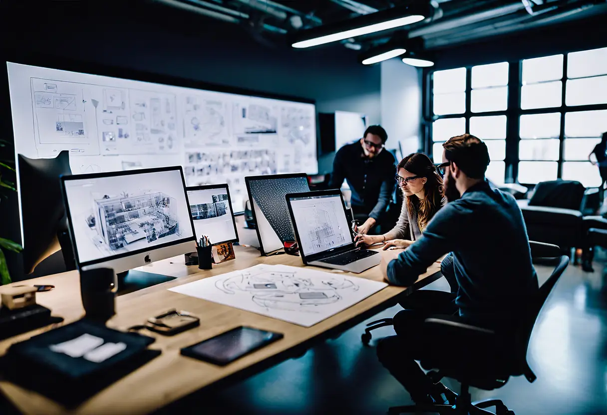 A branding project for a tech startup, showcasing a workspace filled with design sketches and team collaboration.