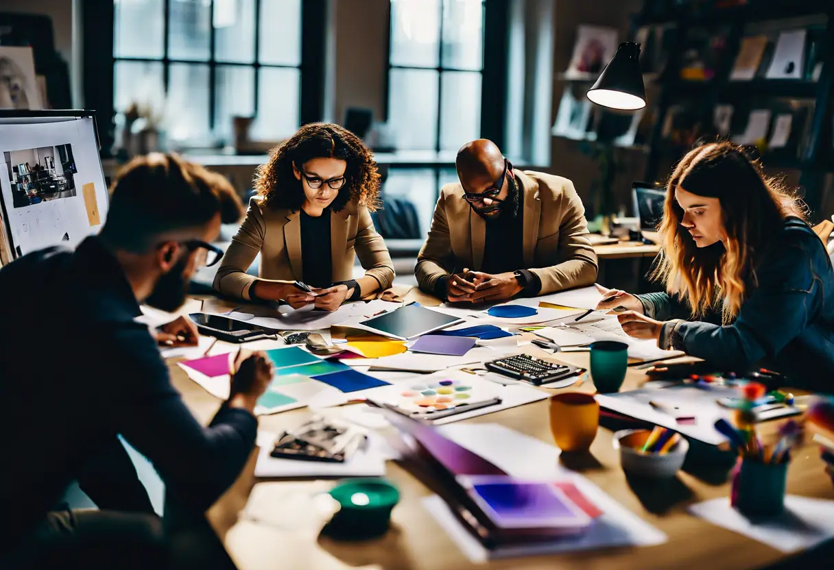 A creative team brainstorming branding ideas with mood boards and design sketches in a collaborative workspace.