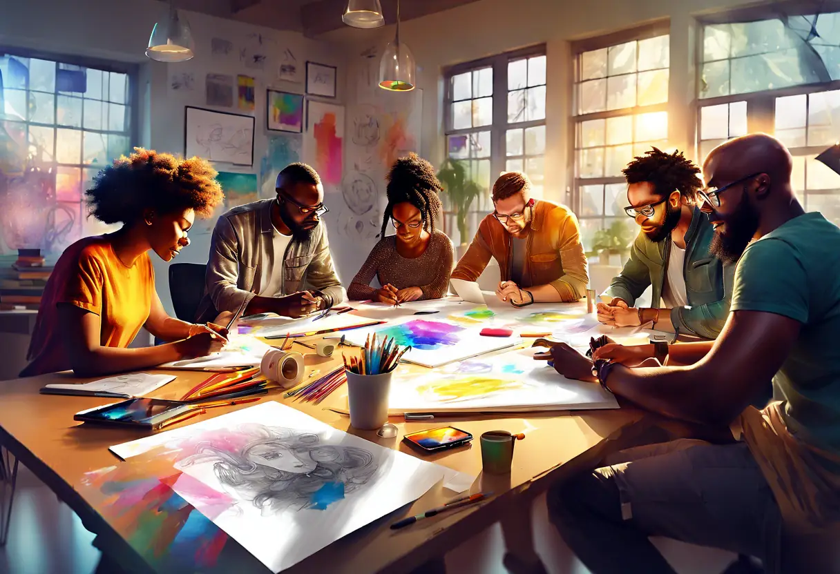 A creative team brainstorming branding ideas with design elements on a table.