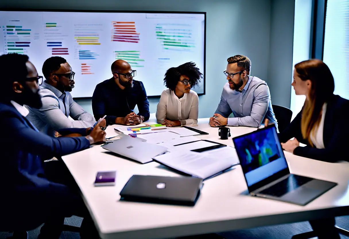 A team of marketing experts collaborating on strategies in a modern office setting.