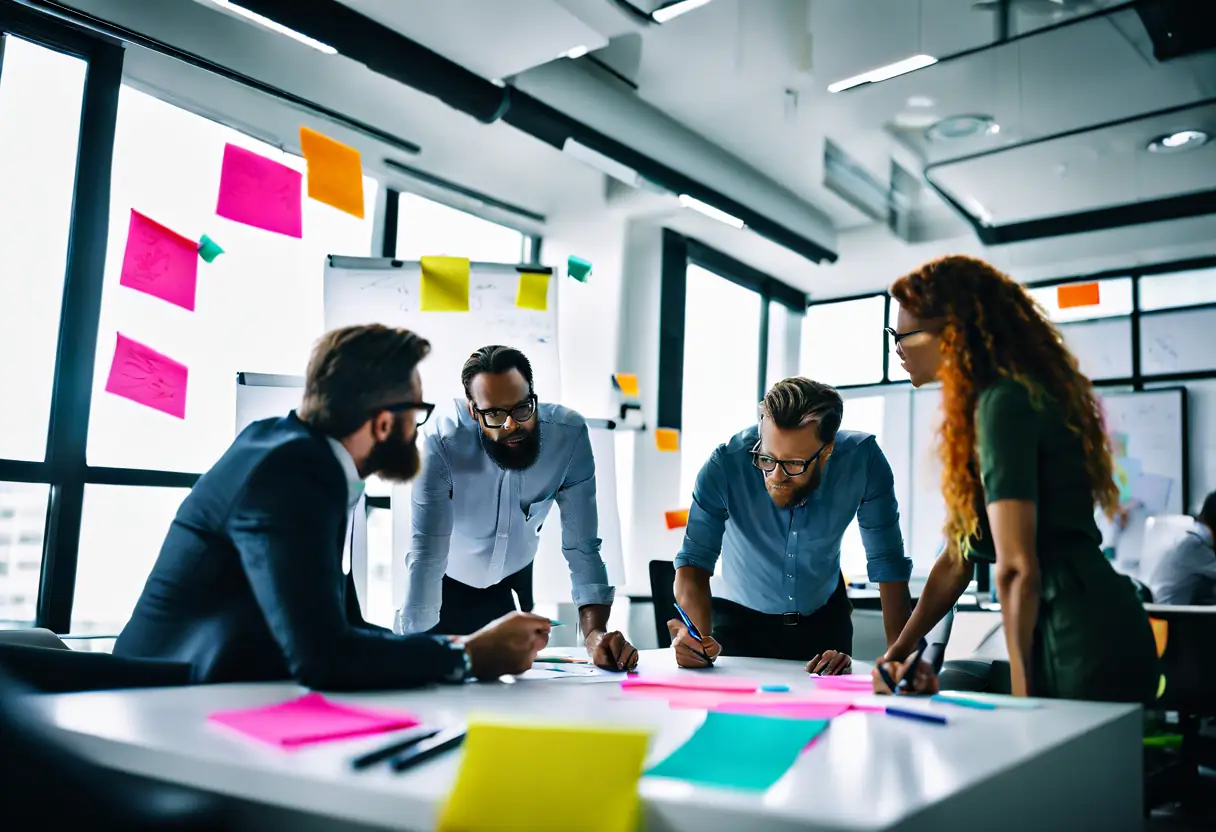 A team of marketing experts working on a digital marketing strategy at a whiteboard in a modern office.