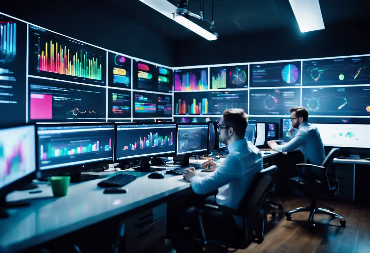 A team of SEO specialists analyzing website performance metrics on multiple screens.